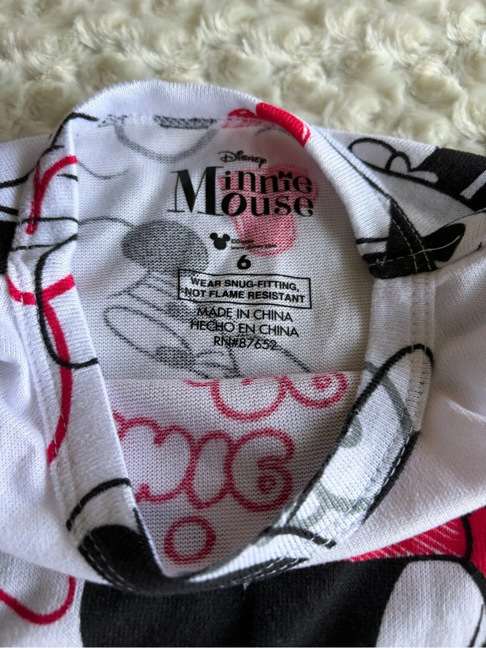 New Size 6 Minnie Mouse Girls' Pajama Set - White, Black & Red